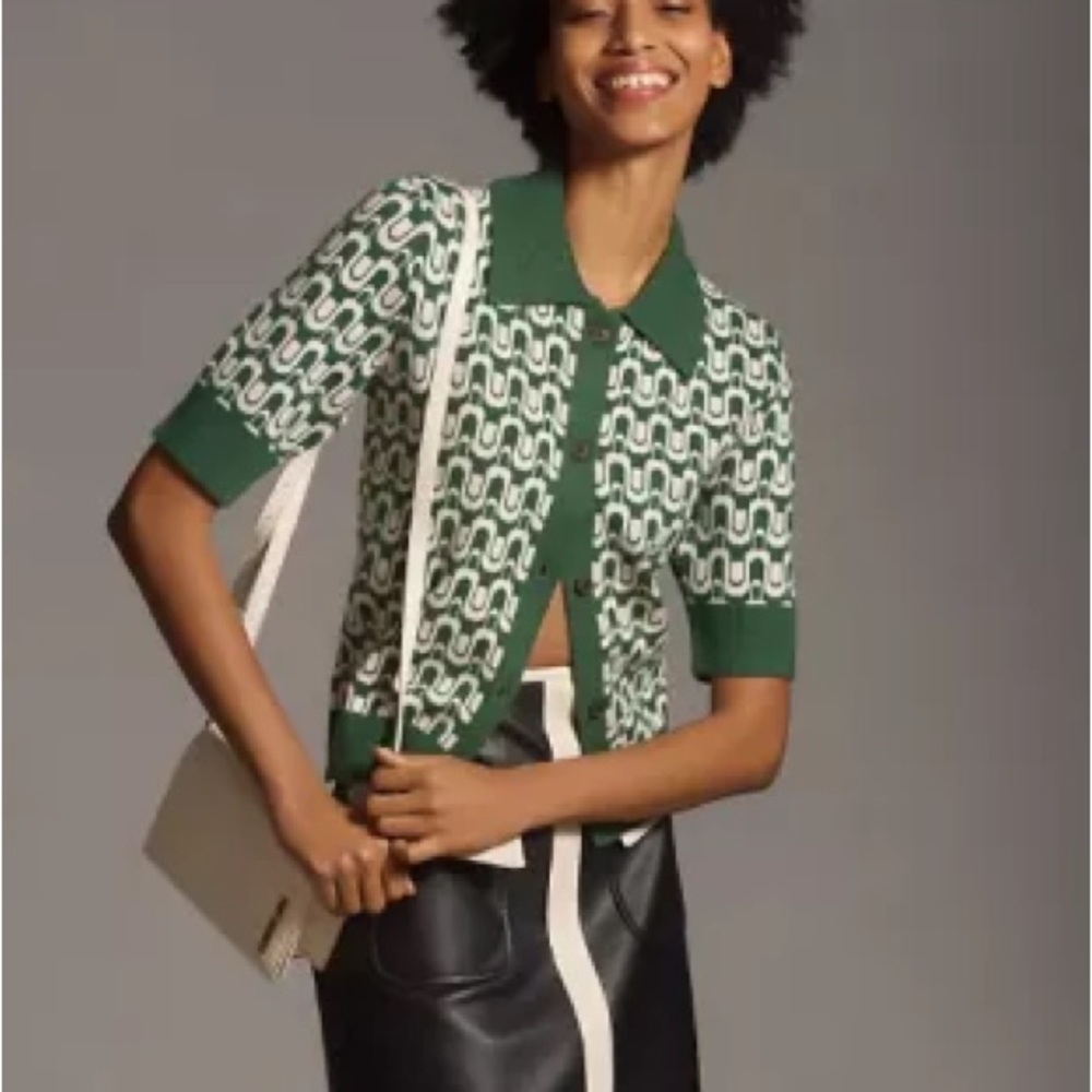 Maeve - Kinsley Collared Cardigan Sweater in Green Motif - Size XXS - Picture 2 of 6